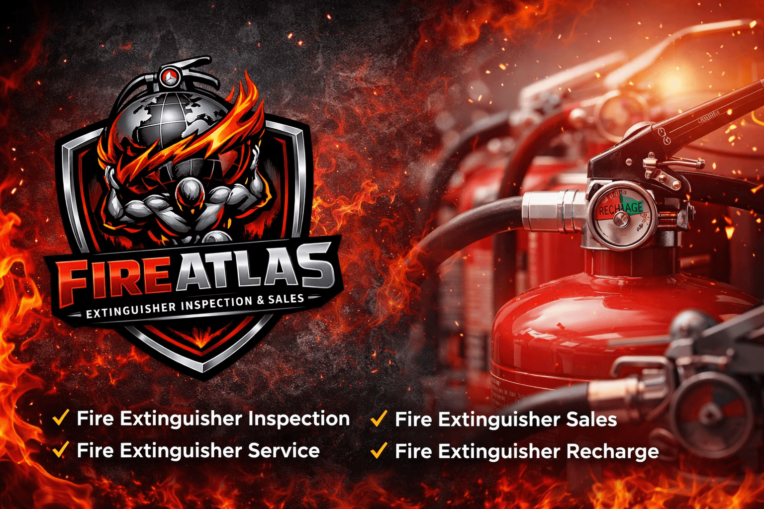 FireAtlas Fire Extinguisher Inspection & Sales banner showing fire extinguishers and services offered